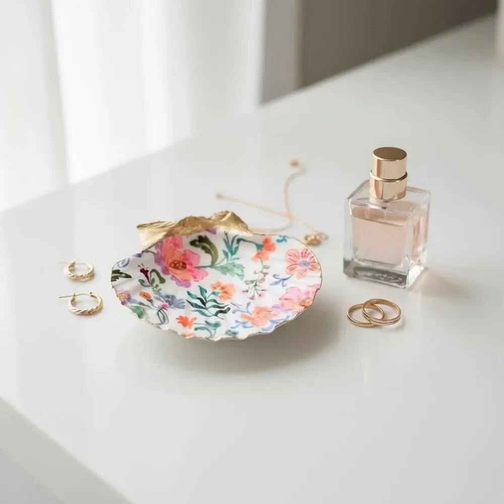 Colorful Chintz Floral Shell Trinket Dish, Flower Ring Holder